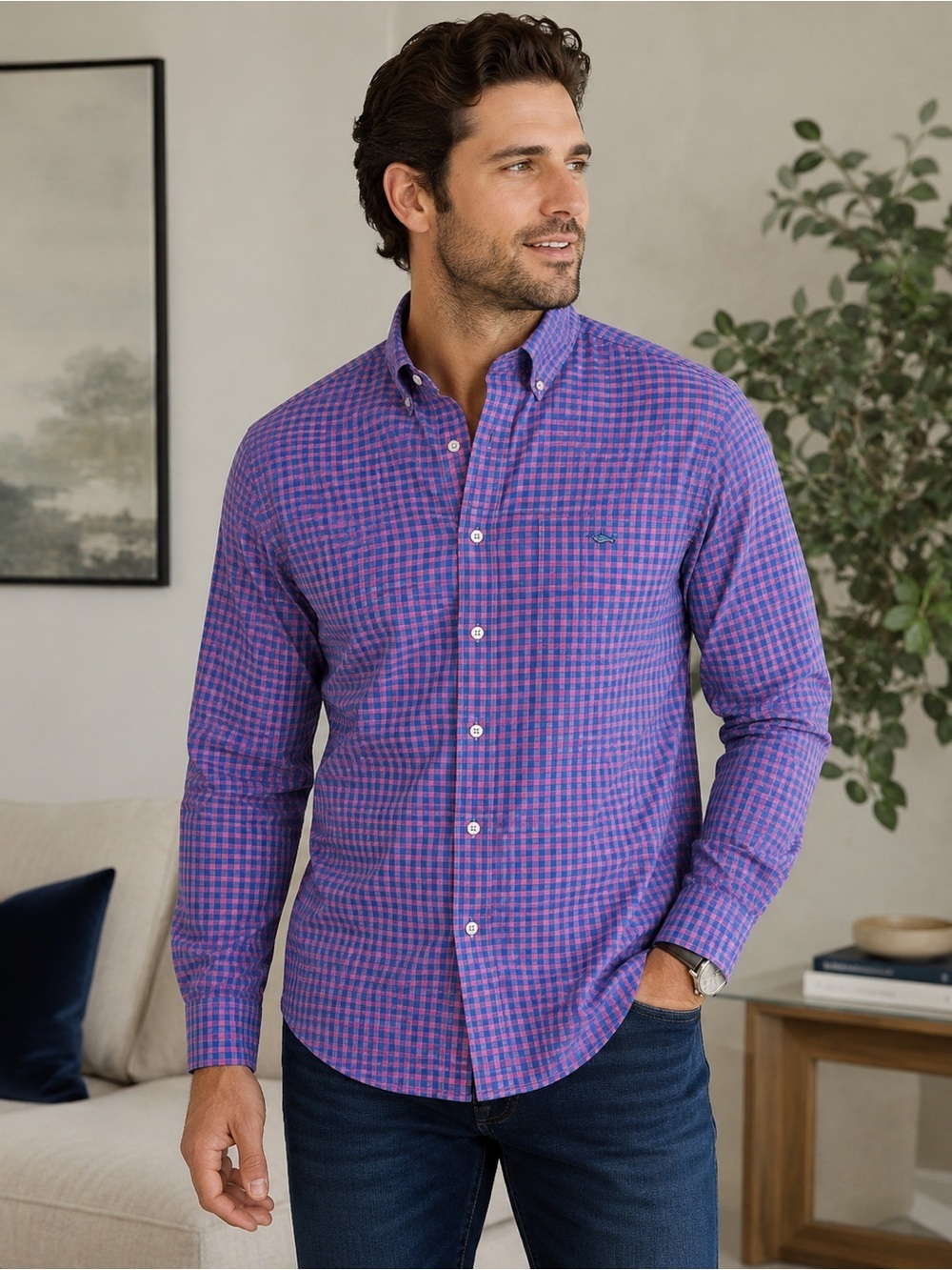Southern Tide Purple and Blue Check Button-Down Shirt